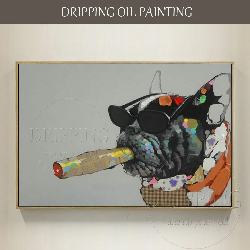 Funny Design Hand painted Modern Art Animal Oil Painting on Canvas Funny Smoking French Bulldog