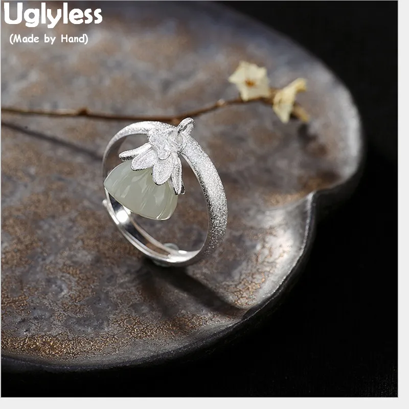 Uglyless 100% Real 925 Sterling Silver Natural White Jade Lotus Finger Rings for Women Open Dangle Ring Gemstones Fine Jewelry Uglyless 100% Real 925 Sterling Silver Natural White Jade Lotus Finger Rings for Women Open Dangle Ring Gemstones Fine Jewelry