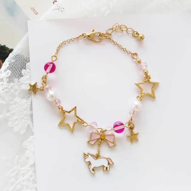 Japan Unicorn Bowknot with Beads Moon Star Crystal Bracelet