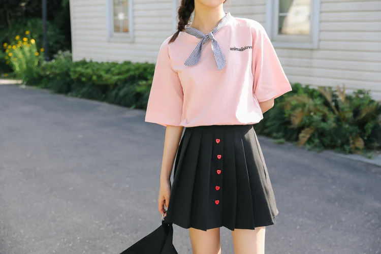 Ulzzang японский сладкий стиль плиссированная юбка женская летняя корейская мода трапециевидная юбка черная юбка школьницы уличная M233