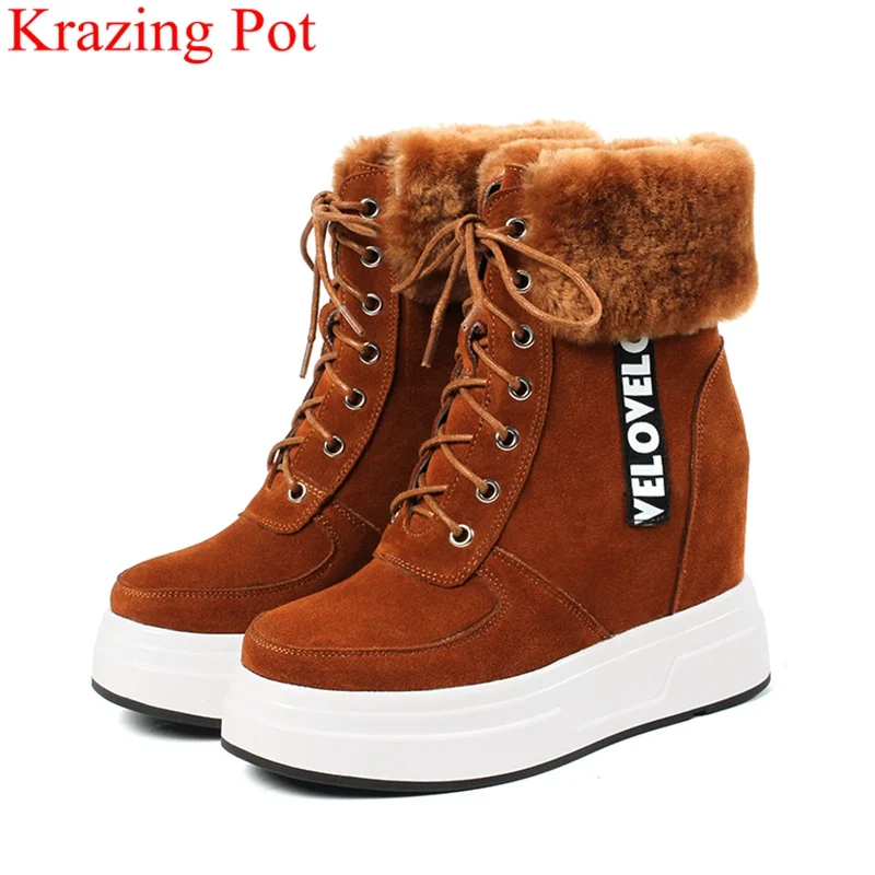 

2018 big size cow suede lace up flat with platform increased round toe snow boots women ankle boots warm casual winter shoes L29