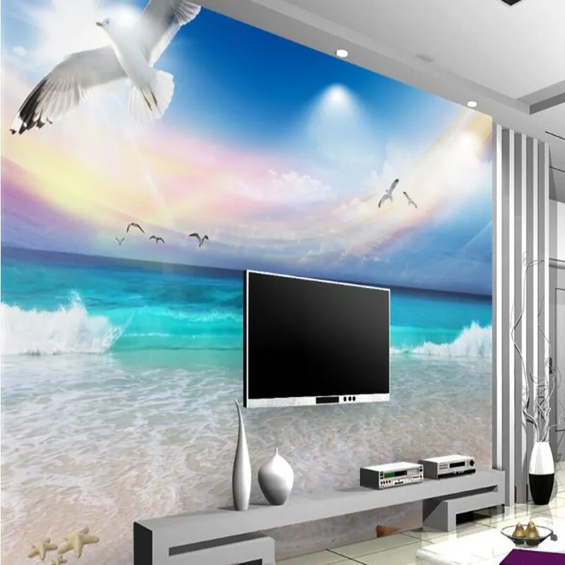 

wellyu Custom large frescoes blue sky and white clouds aesthetic beach seaview TV backdrop wallpaper papel de parede