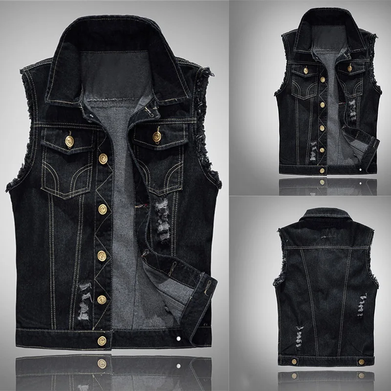 Slim Male Jeans Sleeveless Jacket Vest Men Plus Size 6XL Black Denim Jeans Vest Male Cowboy Outdoors Waistcoat Mens Jacket