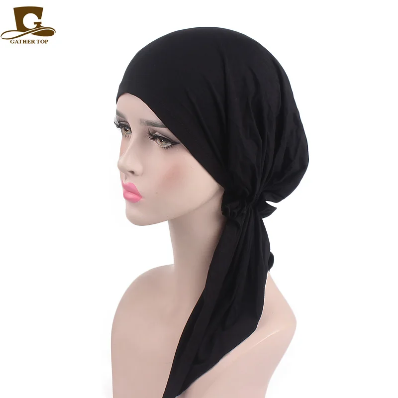 Элегантный однотонный головной убор для девушек, мягкая лайкра, предварительно завязанная Женская бандана, Женская повязка на голову, шарф