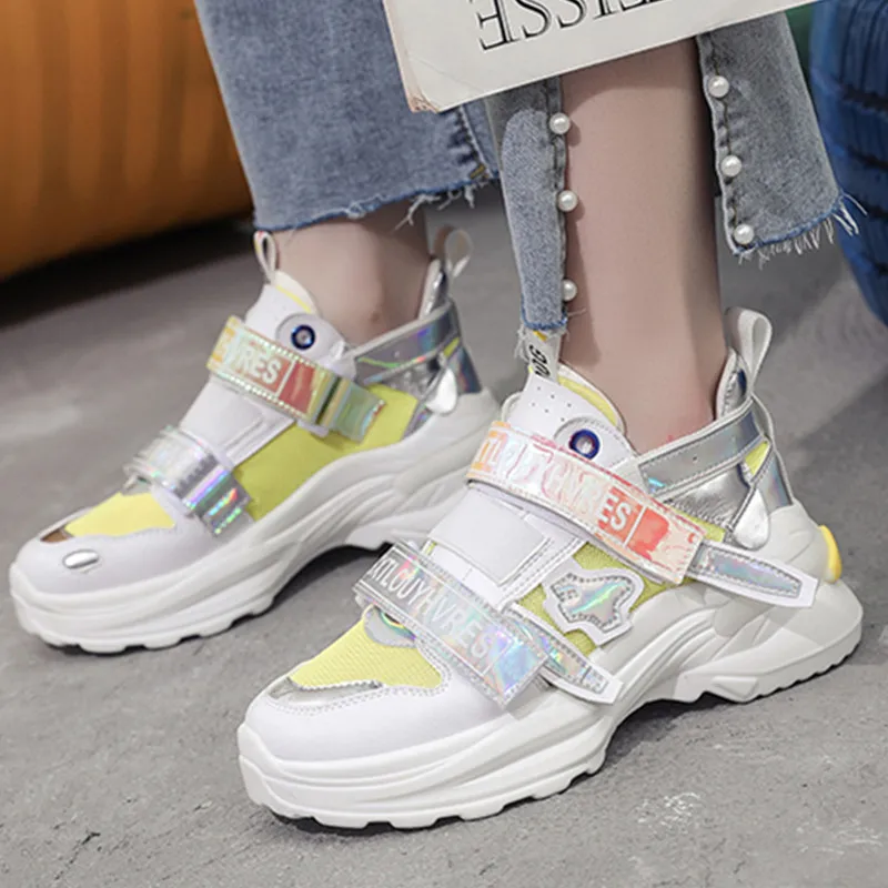 

QWEDF ladies casual shoes hoop summer grid laser shoes flat shoes platform yellow white breathable ladies sports shoes YN-24