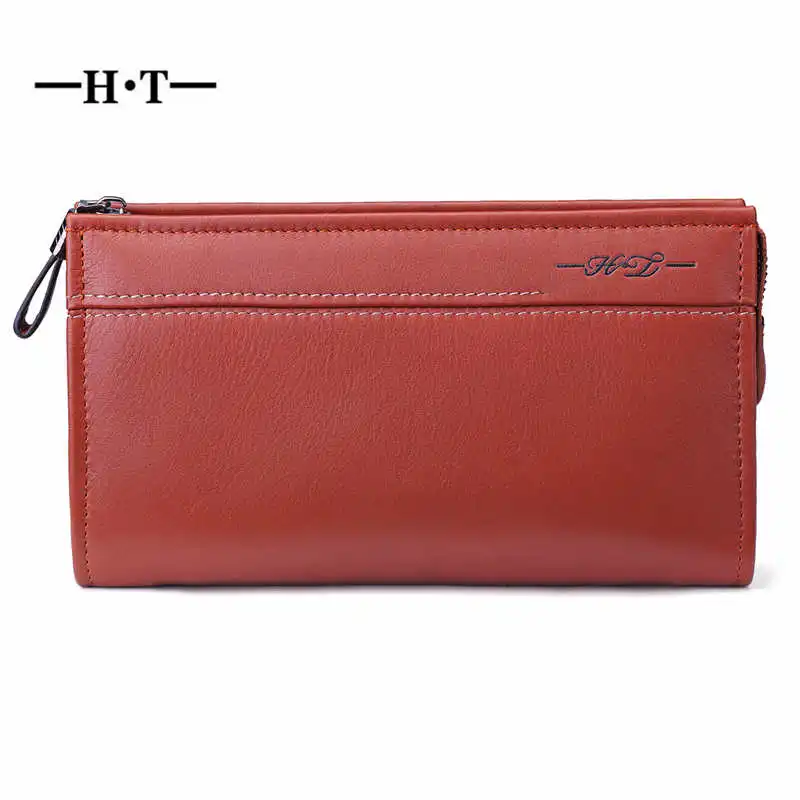 

HT Genuine Leather Long Wallet Day Clutches Mens Handy Bags Brown Purse Male Handbags Cow Leather Carry Bags Cellphone Pockets