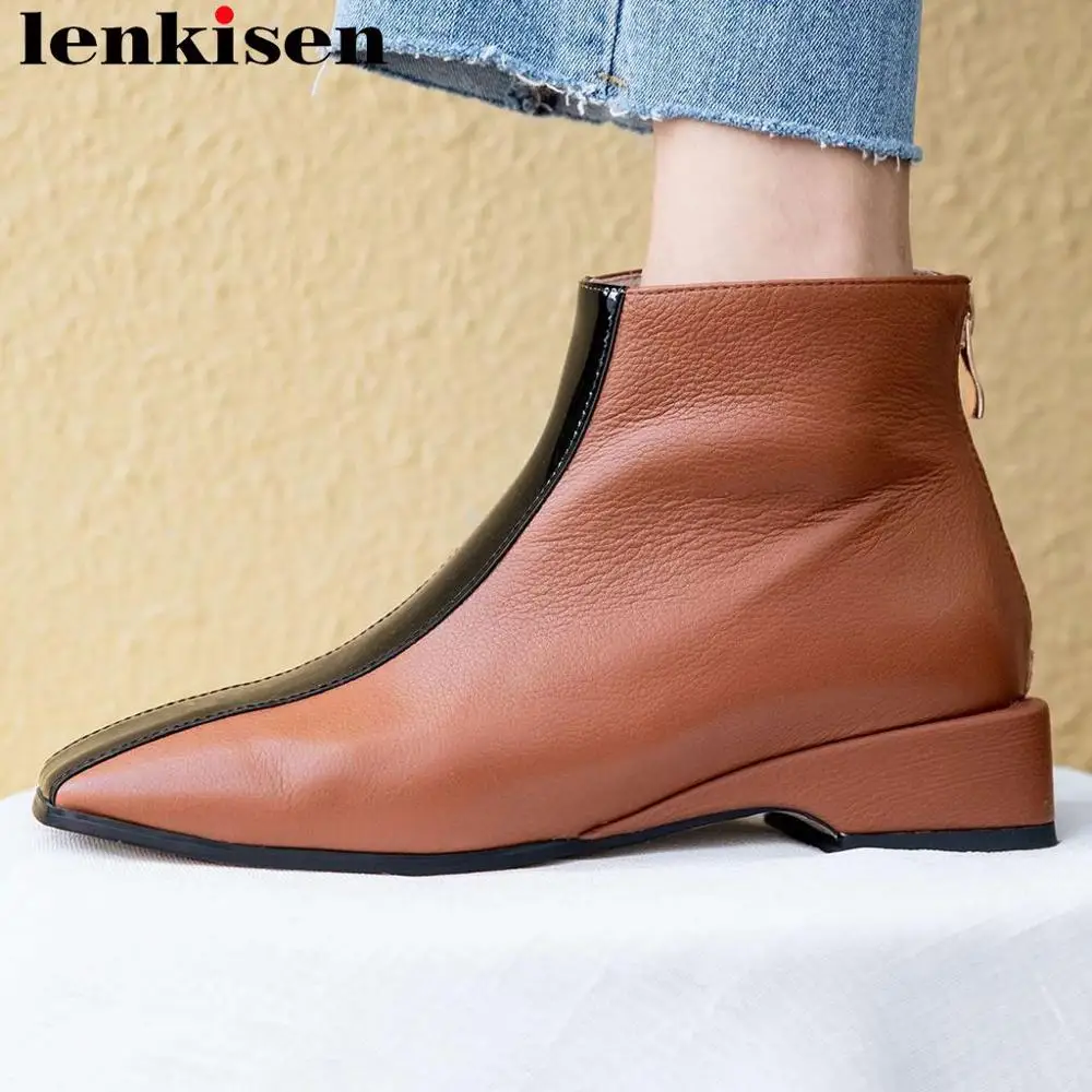 

Lenkisen full grain leather square toe low heels mixed color zip ankle boots British style comfortable fashion autumn boots L3f2
