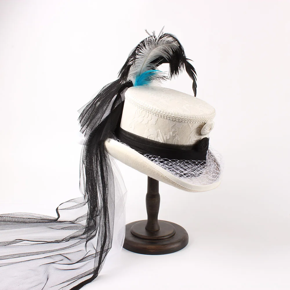 13.5CM 4 Size White Wool Women Bride Handwork Fedora Top Hat Lady Mesh