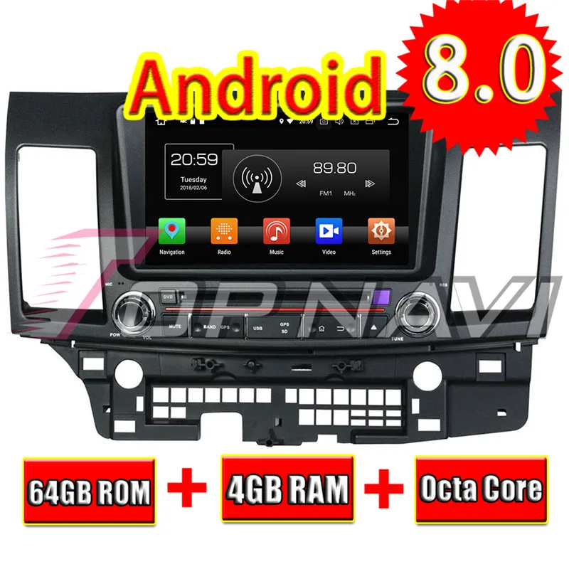 TOPNAVI 8'' Android 8.0 Car Head Unit Radio for Mitsubishi Lancer 2006 2007 2008 2009 2010 2011 2012 GPS Navigation DVD Player |