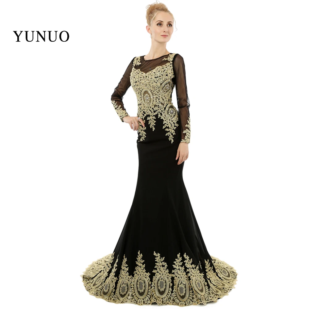 

Mermaid Prom Dresses 2019 Scoop Floor Length See Through Black Party Gold Appliques Women Dress Long Sleeve Real Photos X08142