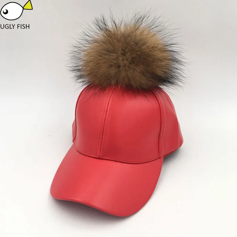 Искусственной Кожи Бейсболка с Pom Pom Pom Pom Snapback Snapback шапки bone gorras planas snapback крышка Бейсболки женщины шапки женские весна-осень - Цвет: red