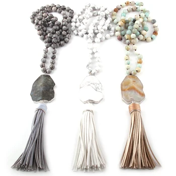 

MOODPC Fashion Bohemian Jewelry Gray/White/Amazonite Stone Knotted Stone Link leather Tassel Necklaces Women Ethnic Necklace