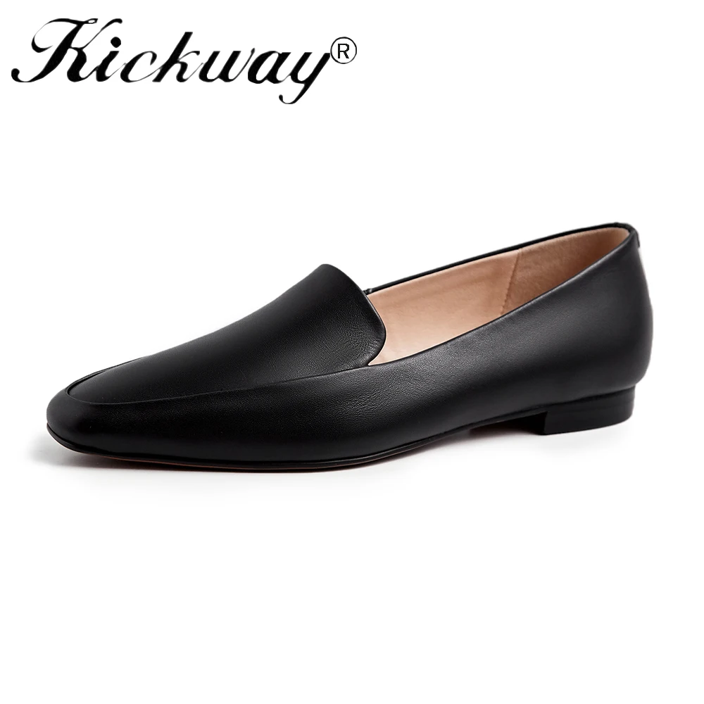 

Genuine Leather Loafer Shoes For Women Black Ladies Flat Shoes White Flat Shoes Square Toe Slip-on Casual Female Flats