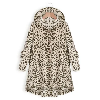 

2019 New Arrival Coat Women Casual Outwear Loose Button Single-breasted Fleece Hooded Leopard Coat Female Tops