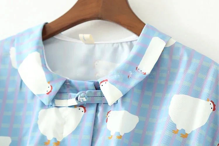 Женские шифоновые блузки с короткими рукавами и воротником «Питер Пэн», модные короткие рубашки в стиле Харадзюку, милые футболки для девочек с рисунком курицы