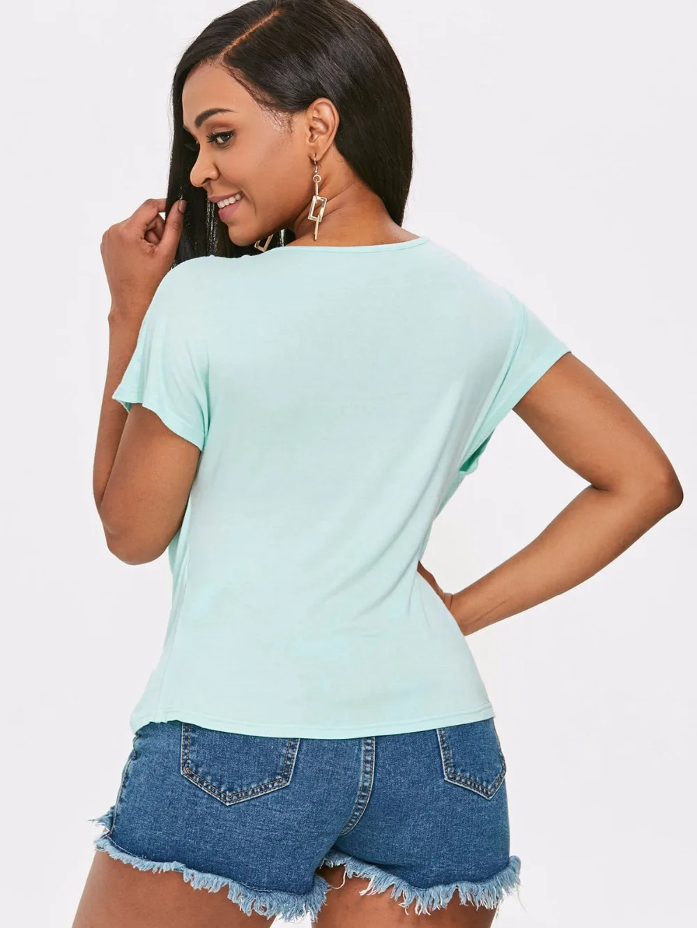 VESTLINDA Ruched Sequined Short Sleeve T-Shirt Women T Shirt Summer Casual Cowl Neck Solid Color Top Fashion Women Clothing Tees 8