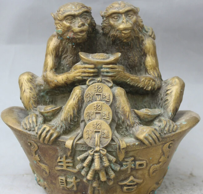 

Chinese Folk Copper Animal Zodiac Year 2 Monkey Bat Wealth Money YuanBao Statue S0706 B0403