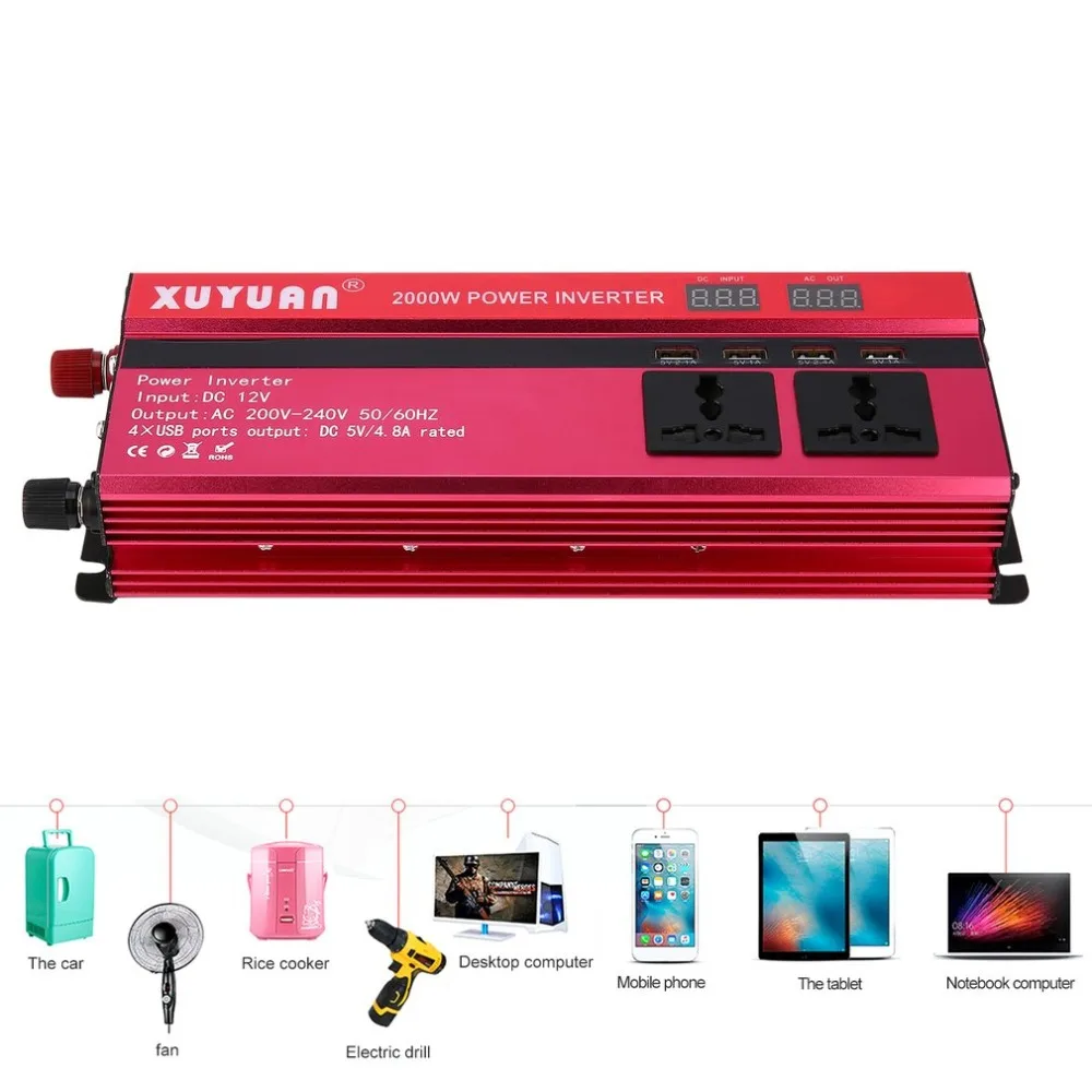 

XUYUAN Professional 2000W/1200W Power Inverter DC 12V to AC 220V Digital LCD Display Car Converter for Household Appliances