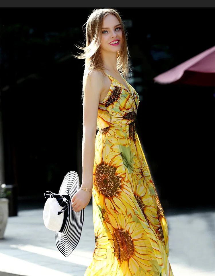 AYUNSUE Новинка Boho стильное длинное летнее платье для женщин с открытой спиной пляжные Шелковые Платья с цветочным рисунком Vestidos de высокого качества LX1544