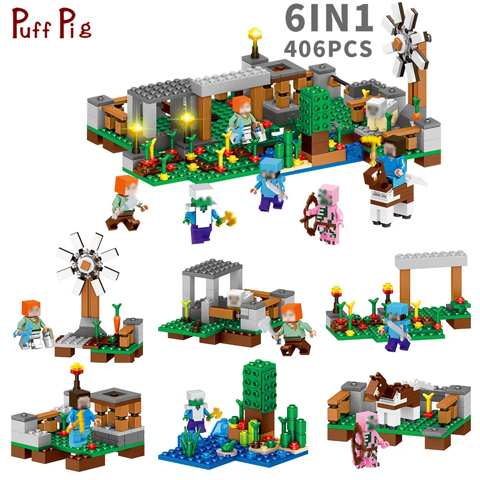

406pcs 6 IN 1 Farm Cottage Village Building Blocks Compatible Legoing Minecrafted Defend Homes Figures Educational Toy For Child