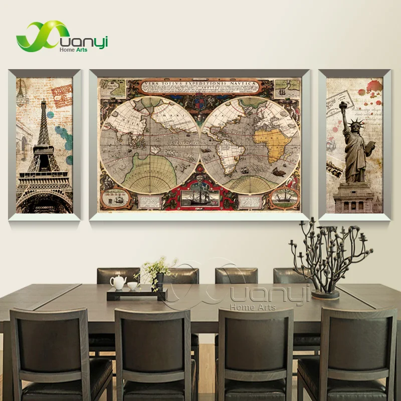 3 Panel Europe Map Modern Art Paintings Abstract Wall Art Canvas Prints