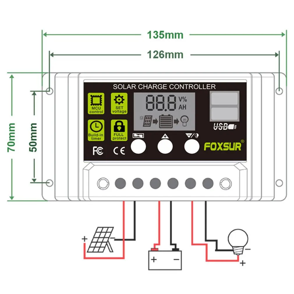 

FOXSUR 20A Auto Solar Charge Controller PWM Controllers LCD Dual USB 5V Output Solar Panel PV Regulator