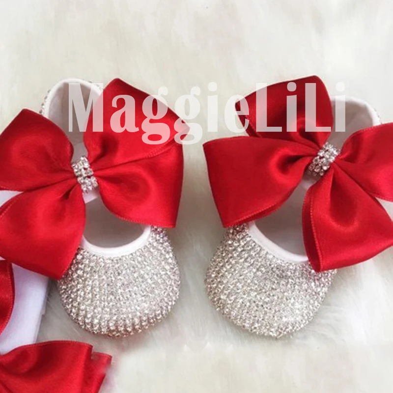 Бант на заказ сверкающие Блестящие Кристаллы Стразы обувь для маленьких девочек младенческой От 0 до 1 года ленты принцесса обувь