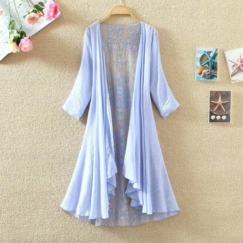 Женский шифоновый кардиган-кимоно, кружевная длинная рубашка, блузка с оборками, свободные женские макси Топы, весенне-летние женские блузки - Цвет: Light Blue