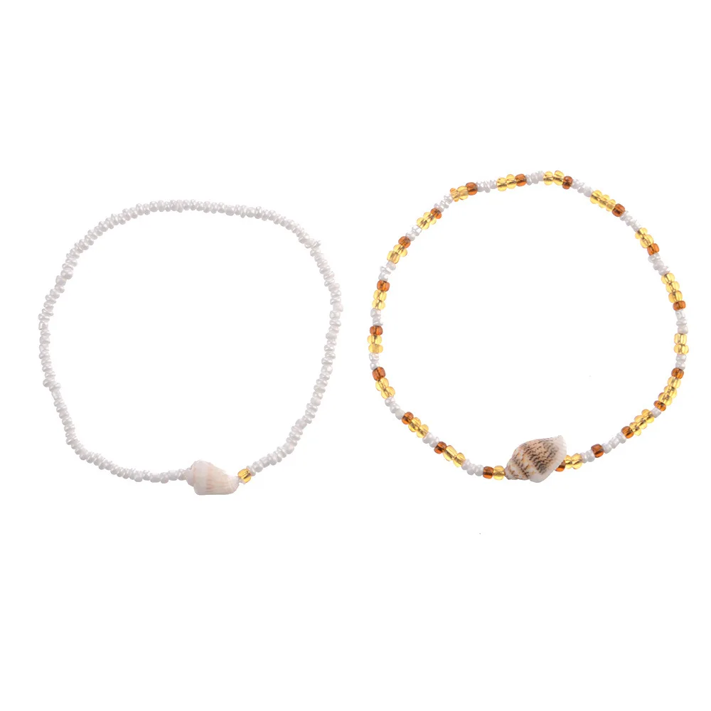 Natural Conch Anklets for Women 2 Pcs/Set Acrylic Bead Elastic Stretch Anklet Female Fashion Beach Foot Jewelry Ankle Chain