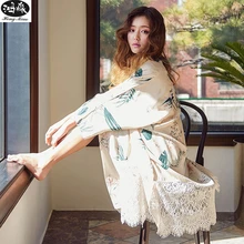 Женский пижамный комплект из трех предметов, летний пасторальный сексуальный пижамный комплект с принтом в виде зеленых листьев, Женская Милая Кружевная хлопковая домашняя одежда