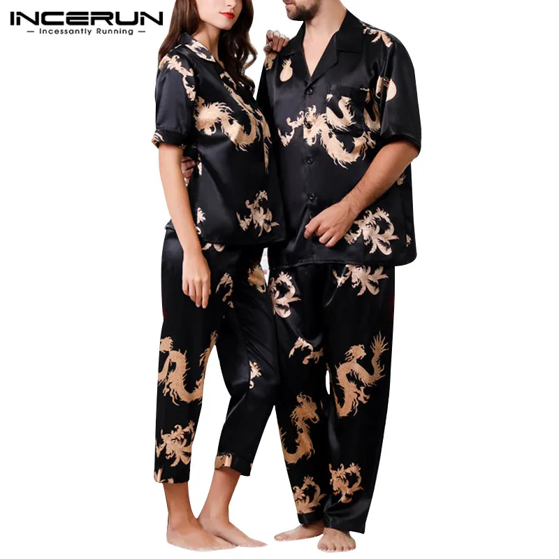INCERUN мужской с принтом дракона короткий удобный рукав сексуальный комплект с v-образным вырезом Ночная рубашка модная рубашка на пуговицах мужская одежда 5XL