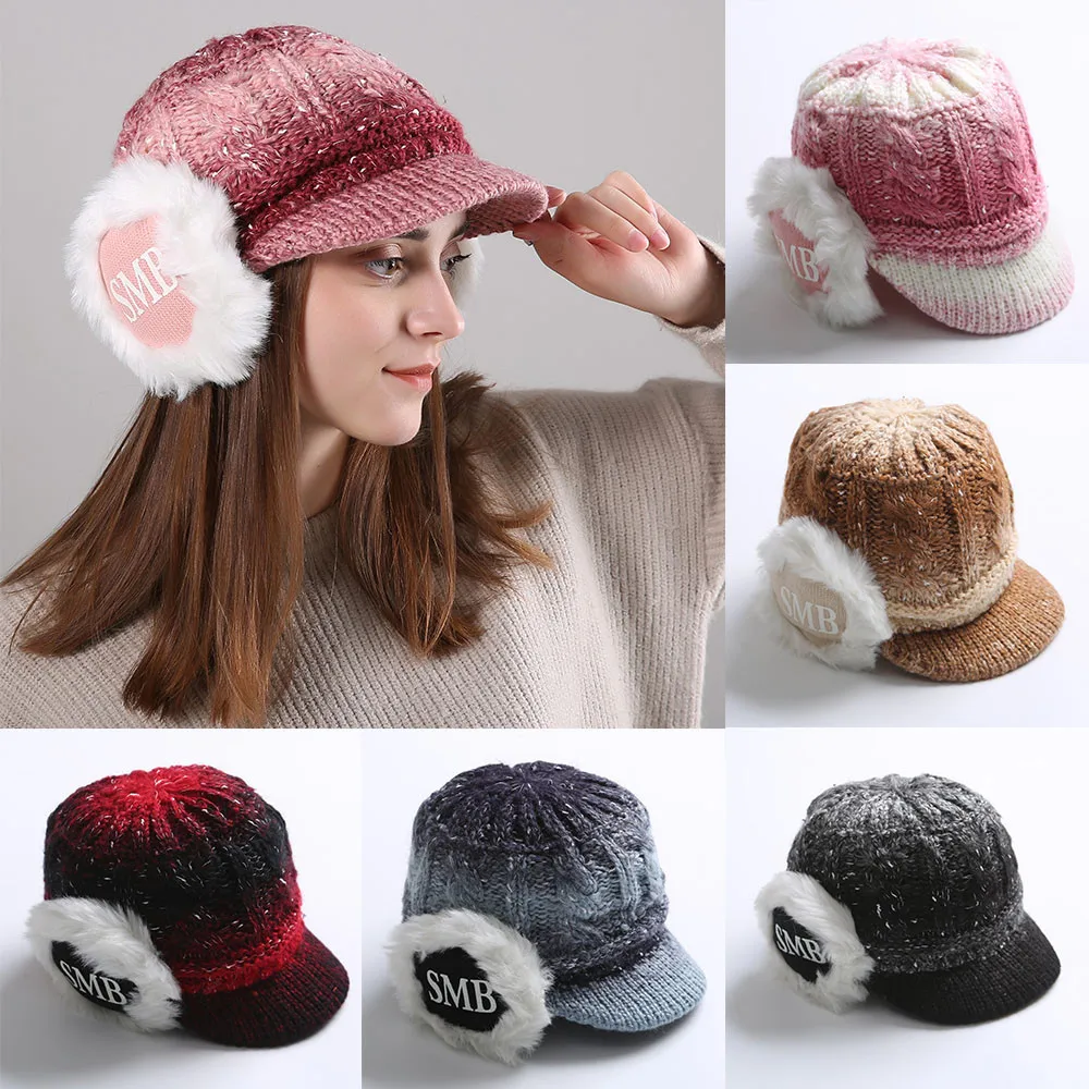 Women Winter Warm Cosy Gradient Color Protect Casquette Knit Wool