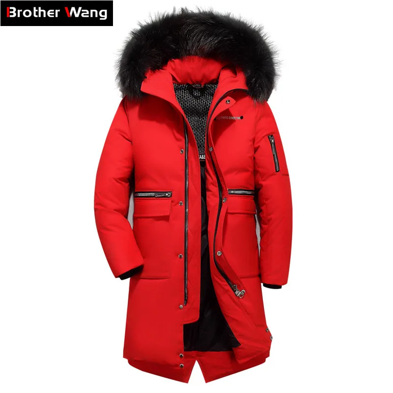 

2019 Winter New Men Long White Duck Down Jacket Casual Real Fur Collar Thicken Warm Hooded Pattern Red Coat Male Brand Clothing
