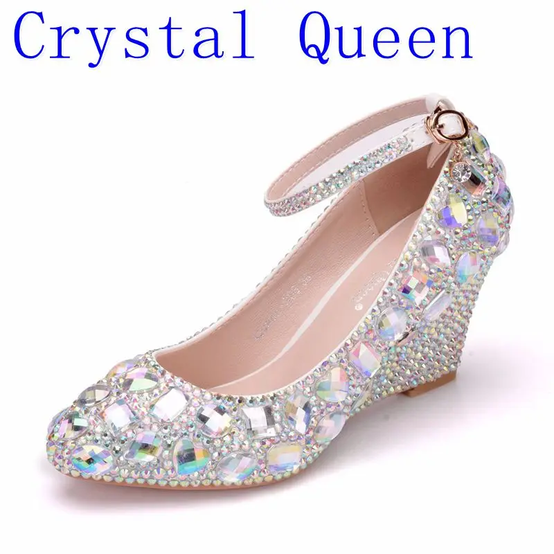 Crystal Queen Womens Wedding Shoes Woman High heels Pumps Bling Shining Platform Wedge shoes