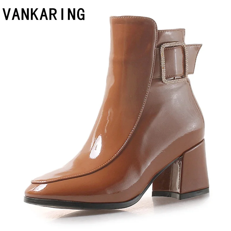 

VANKARING shoes women boots square high heel patent leather ankle boots square toe riding boots ladies autumn winter boots women