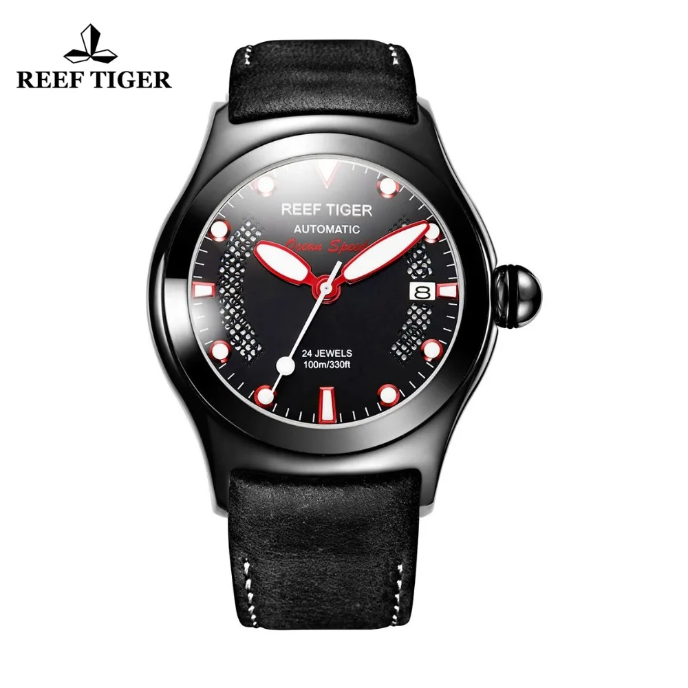 

Reef Tiger/RT Mens Casual Sport Watches with Date Dark Calfskin Leather Strap Luminous Automatic Wrist Watches RGA704