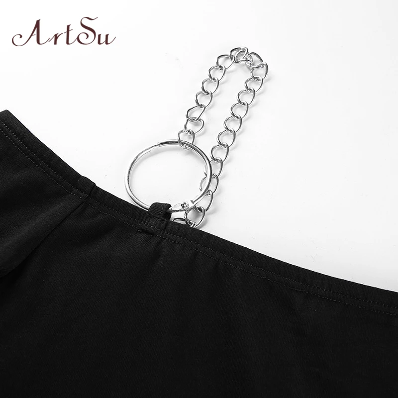 ArtSu Fashion Chain Off the Shoulder Tops for Women Black Long Sleeve Crop Top T-shirt Femme Basic Shirt Streetwear ASTS20611