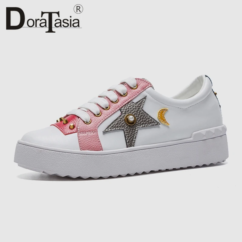 

DoraTasia 2019 New Spring Summer Brand Leather Lining Women White Sneakers Genuine Leather Decorate Casual Flats Shoes Woman