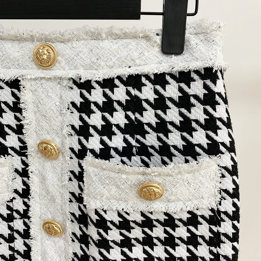 Wysokiej dobrej jakości, najnowsze 2021 jesień zima barokowy projektant spódnica damska frędzlami guziki z lwem Houndstooth Tweed Mini spódnica 4 Wysokiej dobrej jakości, najnowsze 2021 jesień zima barokowy projektant spódnica damska frędzlami guziki z lwem Houndstooth Tweed Mini spódnica 4