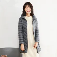 KMETRAM зима осень ультра легкий 90% белый пуховик женский с капюшоном изящное длинное пальто дамское платье с открытыми плечами большой размер парки MY548