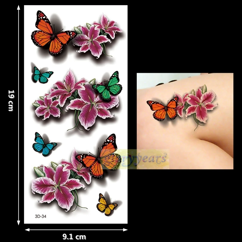 059 Nouveau 1 Pc Mode Femmes Hommes étanche Temporaire Tatouage Amovible Simulation Vif Corps Art 3d 34 Papillon Fleur Lys In Tatouages éphémères