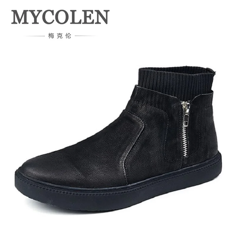 

MYCOLEN Handmade Genuine Cow Leather Ankle Boots Fashion Men Boots Zipper Flat High-Top Casual Shoes Tenis Masculino