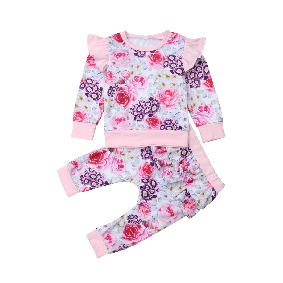 

2Pcs Toddler Kid Baby Girl Long Sleeve Floral Flower Tops T shirt Pants Outfits Set Clothes 2019