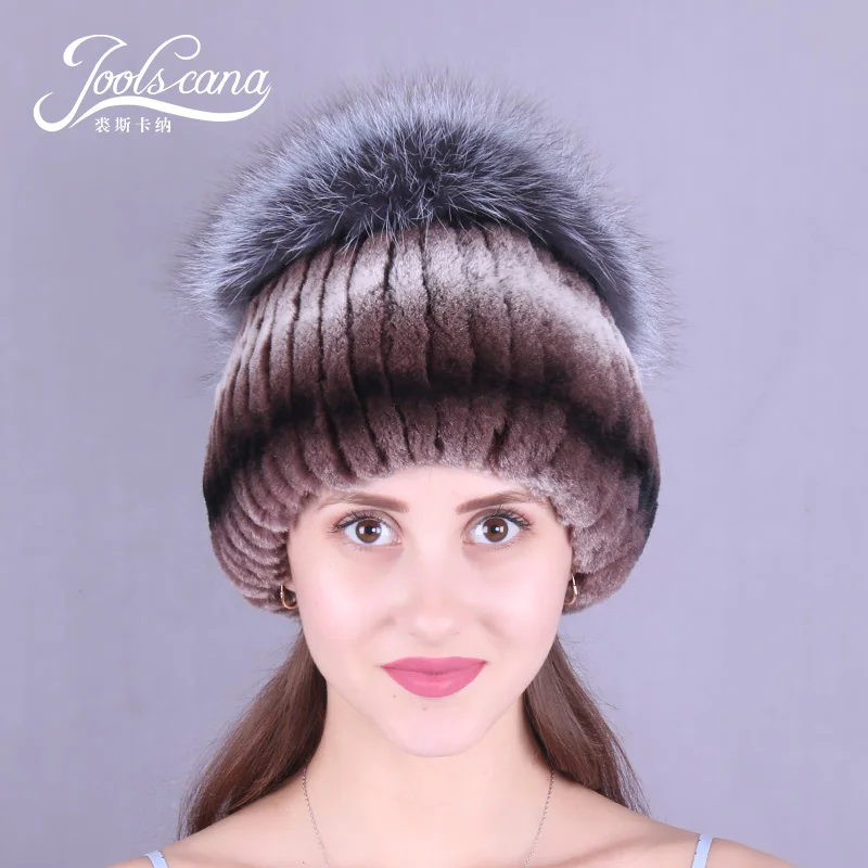 Женская шапка Joolscana зимняя с натуральным мехом кролика лисой модная очень