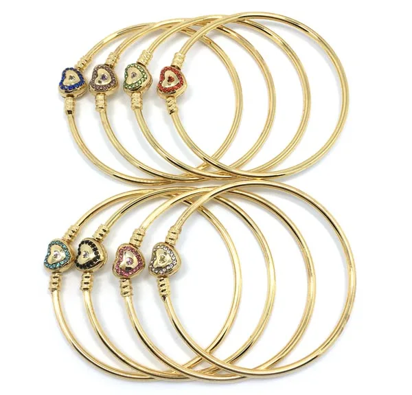 

Free Shipping 8pcs Pure Gold Color Snake Chain Rhinestone Heart Clasp Fit European Bangle Jewelry DIY