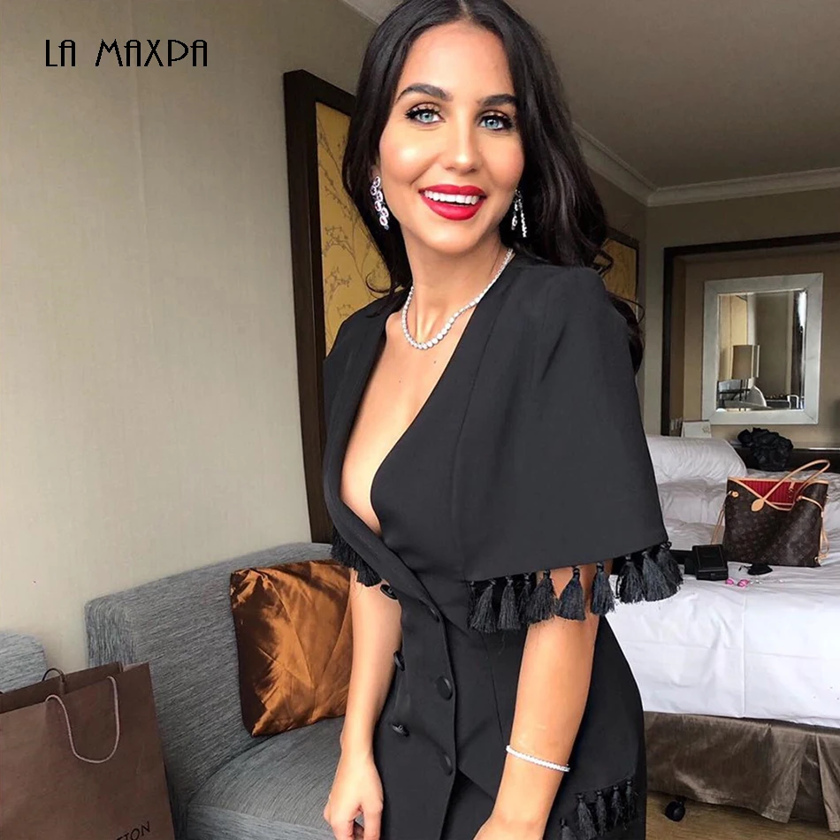 

2019 summer new black double-breasted dress elegant deep V-neck short-sleeved tassel fashion dress celebrity party