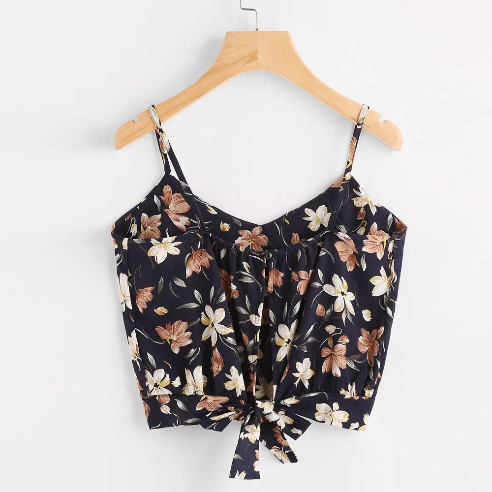 

Hxroolrp Sexy Women 2019 Summer Women's Self Tie Back V Neck Print Floral Crop Top Camisole Blouse A1