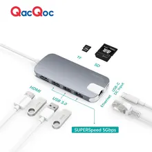 QacQoc GN30H Aluminium alloy USB C Hub with 4K Output Card Reader 3 USB 3.0 Ports LAN Port Type-C Charging port for Macbook 12″