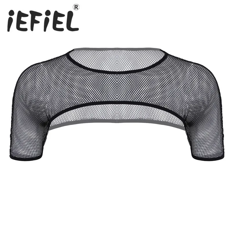 

iEFiEL Fashion Male Mens Mesh Fishnet Shoulder Chest Strap Harness Muscle Clubwear Performance Costume Crop Vest Half Tank Top