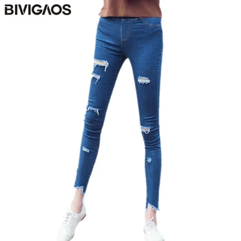 

BIVIGAOS Women 7 holes ripped unedged skinny jeans for women slim jean ankle leggings jeggings spendex denim pencil pants mallas